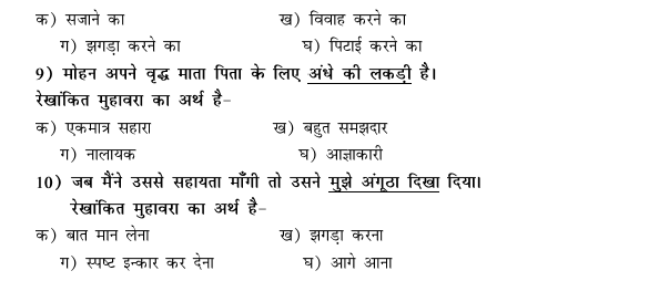 Cbse Class Hindi Vyakaran Muhavare Mcqs Multiple Choice Questions